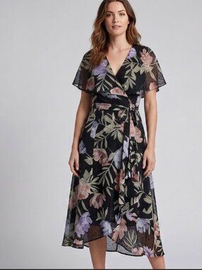 Gabby Skye Black Floral Faux-Wrap Midi Dress